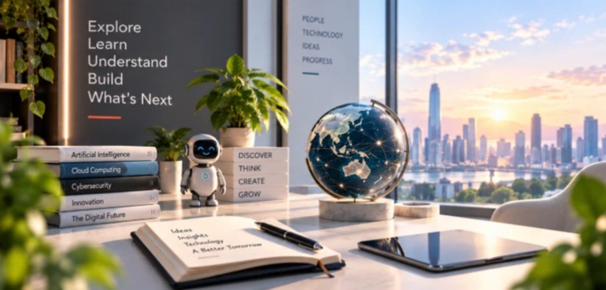 A glowing globe on a desk beside a stack of technology books, a small robot and a notebook, with a city skyline at sunrise behind